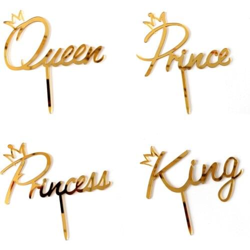 Prince Princess Happy Birthday Cake Topper Gold Mirror Acrylic Cute King Wedding Cake Topper For Birthday Party Cake Decorations