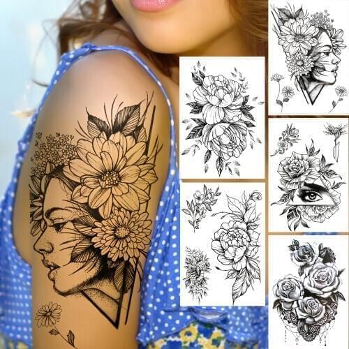 Sexy Girl Flower Temporary Tattoos For Women Girls Black Triangle Eye Tattoo Sticker Fake Jewelry Chains DIY Tatoos Half Sleeve