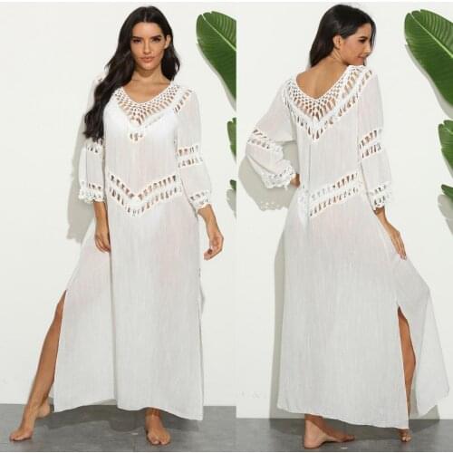 Sexy Three-quarter Sleeve Hollow See-through Cover Up Bikini Women Swimsuit Cover-up Irregular Swimwear Sunscreen Beach Dress