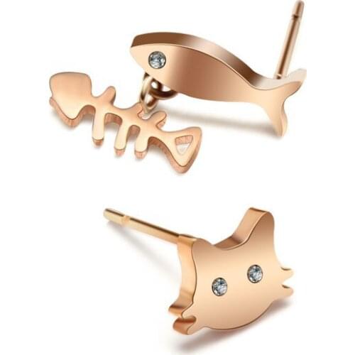 New Fashion Simple Lovely Cat Fish Bone Fish Stud Earrings For Women Girls Asymmetric Metal Earrings Female Jewelry Party Gifts