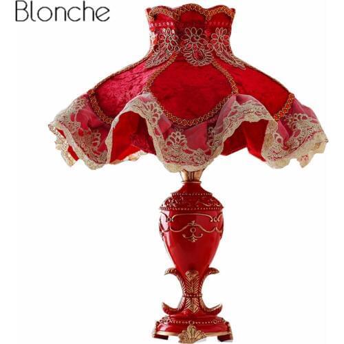 Nordic Red Resin Table Lamp Fabric Lampshade Led Desk Light for Princess Room Bedside Wedding Lighting Fixtures Luminaria Decor