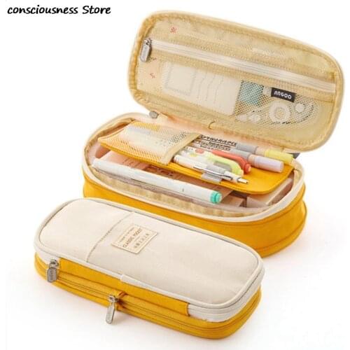 Folding Canvas Pencil Case Double Layer Large Capacity Pencil Box Cute Pencilcase For Box Office Student Stationery Supplies