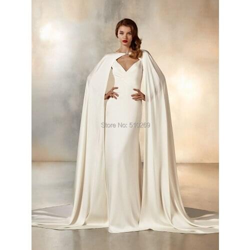 Sheath Wedding Dress Vestidos De Boda Crepe Satin V Neck Beaded Straps Cape Bridal Gowns Custom Size Princess