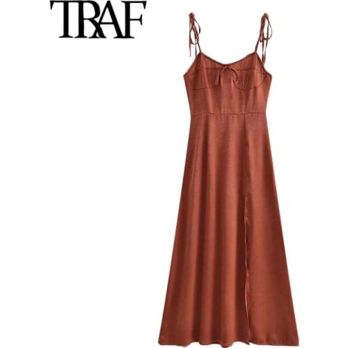 TRAF Women Fashion With Tied Side Slit Soft Touch Midi Dress Vintage Backless Zipper Thin Straps Female Dresses Mujer