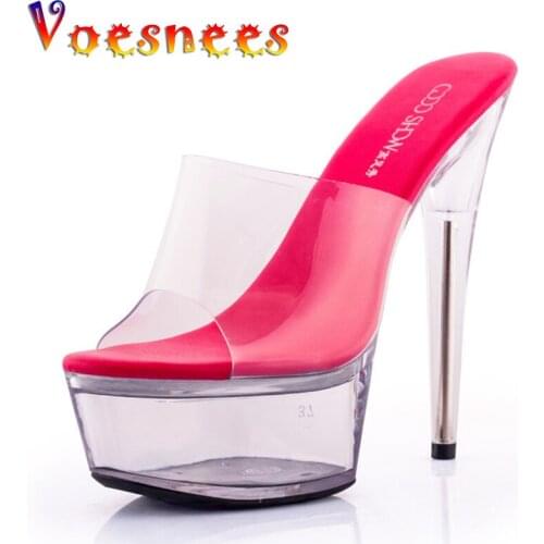 Voesnees Shoes Woman platform Sandals Crystal Clear High heels 15 cm Fashion Shows Sexy Big Yards Slipper Womens Slides