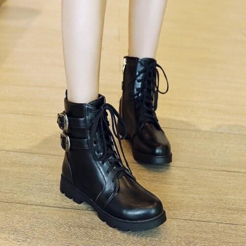 PXELENA Plus Size 34-43 Boots Women Buckle Lace Up Square Low Heels Riding Motorcycle Biker Short Boots Female Shoes Zip