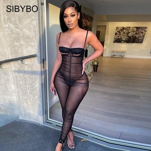 Sibybo Black Mesh Perspective Sexy Jumpsuit Women Summer Straps Ruched Bodycon Rompers Jumpuits Femme Night Party Overalls 2021