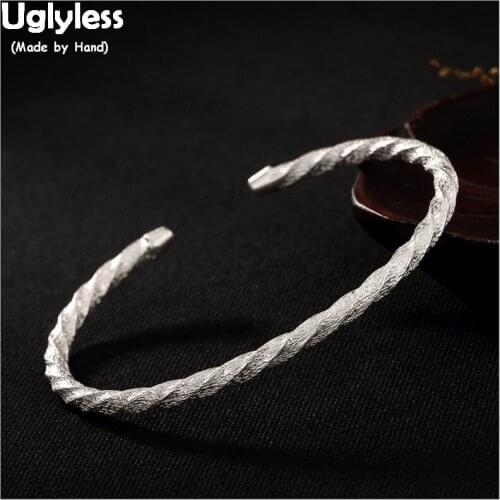 Uglyless S 925 Sterling Silver Jewelry Handmade Twisted Women Thin Bangles Weave Bangle Personalized Lunar Surface Novel Bijoux