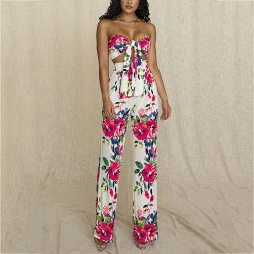 Women Summer Sexy Set Sleeveless Sexy Wrap Top and Pants Long Two Piece Set Vintage Floral Print Matching Set Fashion Outfits