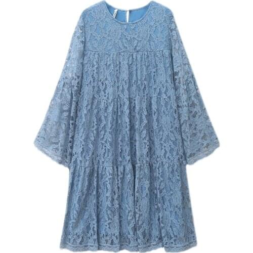 5Xl Solid Color Blue Lace Loose Korean Style Oversized Party Vintage 2021 Spring Summer Style Autumn WomenS Dress A6612