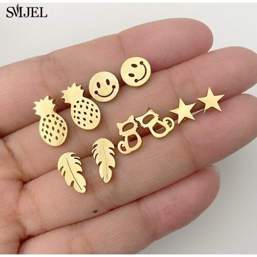 Gold Color Stainless Steel Pineapple Earrings For Women Children Fashion Earings Jewelry Star Plant Leaf Studs Smile bijoux