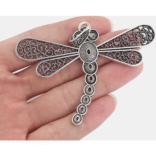 2PCS Antique Large Hollow Filigree Dragonfly Charms Pendants for Necklace Marking Jewelry Findings 83x61mm