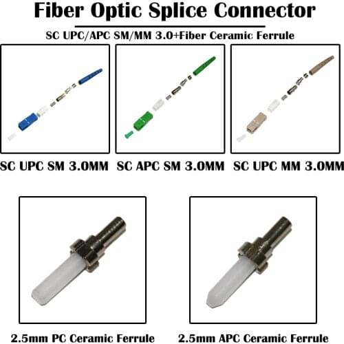 100 Pieces SC UPC/APC 3.0mm Optical Fiber Splice Connector SM Single Mode MM Multi Mode Simplex FTTH without Ceramic Ferrule