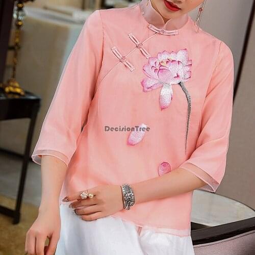 2021 chinese traditional cheongsam floral embroidery blouse stand collar tang robe dress chinese silk chiffon cheongsam blouse