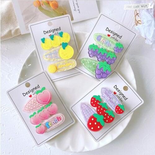 3pcs/set) Lovely girls fruit acrylic grape lemon peach strawberry hair clips sweet hairpin side alligator clip clip INS popular
