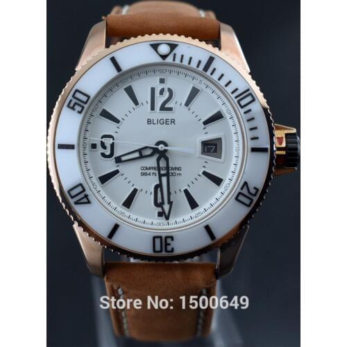 BLIGER 43mm Mechanical black dial steel case Yellow brown strap automatic mens Watches