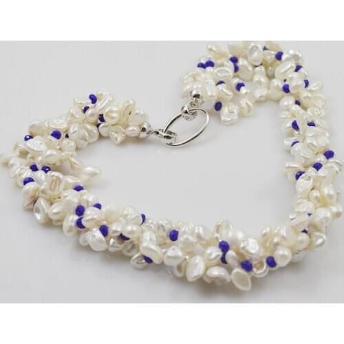 Genuine Freshwater Pearl Baroque Shape Beads Blue Stone 4rows Handmade Multicolor Pearl Necklace Delicate Jewelry For Women Gift