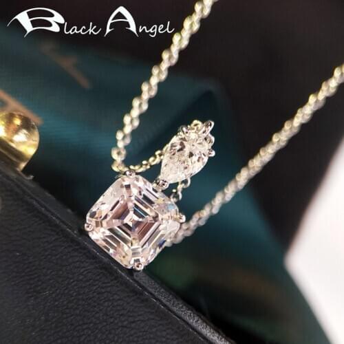 BLACK ANGEL Super Shiny White Pink Spinel 925 Sterling Silver Luxury Citrine Square Pendant Necklace for Women Wedding Jewelry