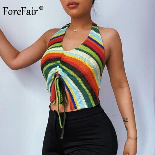 Forefair Knitted Stripe Print Halter Ruched Drawstring Crop top Summer Women Vintage Streetwear Backless Sexy Tops 2021 Fashion