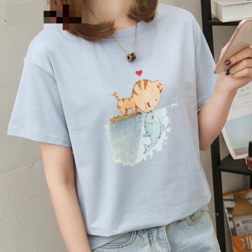 Zuolunouba Summer Casual Pink Tops Short Sleeve O-neck White T-shirts Women Cat Kiss Fish Print Harajuku Tees Female Cotton