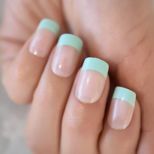 Summer Short Green French Nail Tips False Fake Nails UV Gel Square Press on Ultra Easy Wear for Home Office Wear