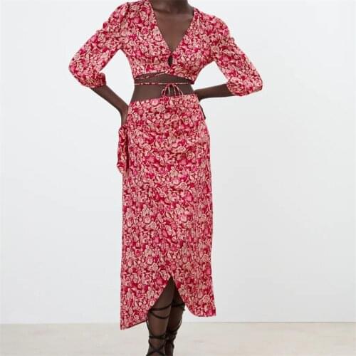 MESTTRAF Women 2021 Fashion Sexy Front Hole Lace Up Slim Shirt Retro Short Sleeve Deep V Neck Floral Print Short Blouse