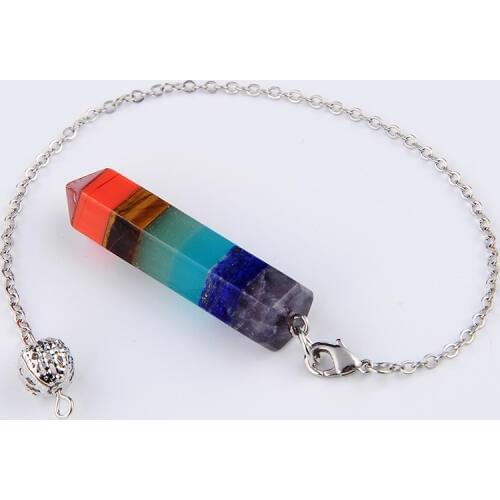 Fashion Colorful Hexagonal Column 7 Chakra Natural Stone Chain Pendant Rainbow Layered ReiKi Healing Pyramid Charm Pendulum Gift