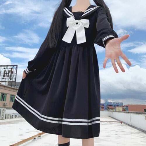 2020 New Dark Sweet Girls Sailor Collar High Waist Slim Student Long-Sleeved Dress school girl uniform japanese fashion