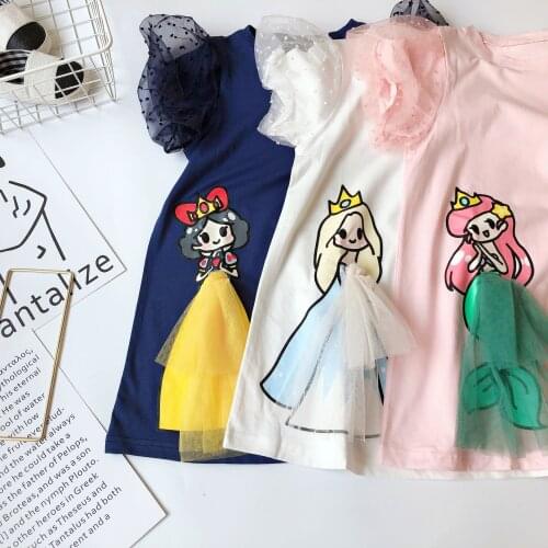 New Summer 2021 Girls Snow White Short-sleeved Long Dress Female Baby Three-dimensional Mesh Puff Sleeve Knee-Length Dress
