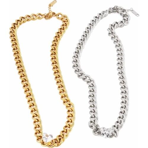 Thick Chain Necklaces Stainless Steel Necklace For Women Punk Cuban Chain Choker Necklace Zircon Heart Pendant Necklaces Jewelry