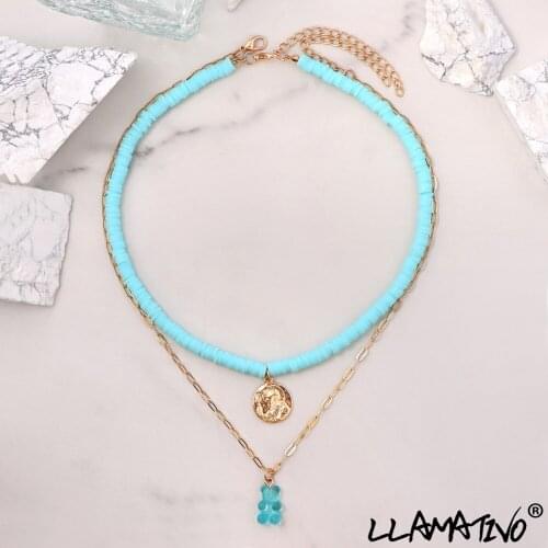 Handmade Blue Polymer Clay Beaded Necklace for Women MultiLayer Fashion Coin Portrait Bear Pendant Beads Chain Necklaces Jewelry