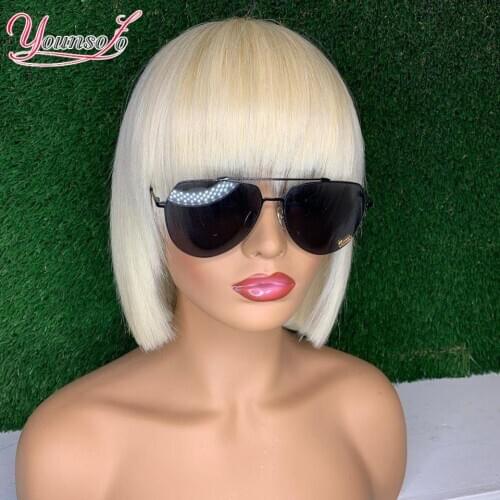 Younsolo Human Hair Bob Wigs With Bangs 613 Blonde Brazilian Remy Hair Straight Bob Short Wig Pixie Cut Wigs For Black Woman