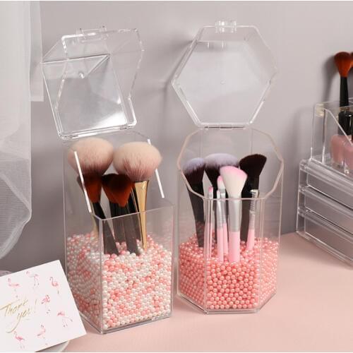 Clear Transparent Acrylic Makeup Brush Organizer Pearls And Box Separated Sale Cosmetic Brush Storage Box Make Up Holder Case