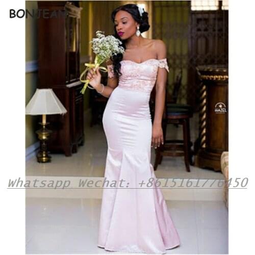 Light Pink Bridesmaid Dresses 2021 Mermaid Off-The-Shoulder Satin African Bridesmaid Dress Plus Size for Women Wedding