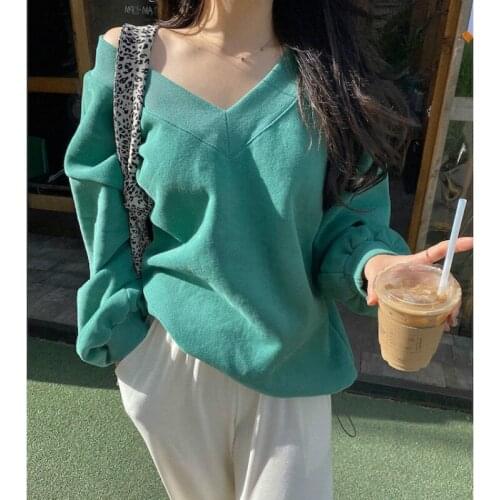 Snordic Oversize Loose Green Fleece Hoodies V Neck Lantern Sleeve Warm Pullovers Casual Sweatshirt