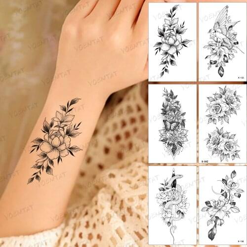 Waterproof Temporary Tattoo Sticker Small Mini Rose Flower Black Leaf Tatoo Arm Hand Flash Tatto Man Daughter Child Tattoos Art