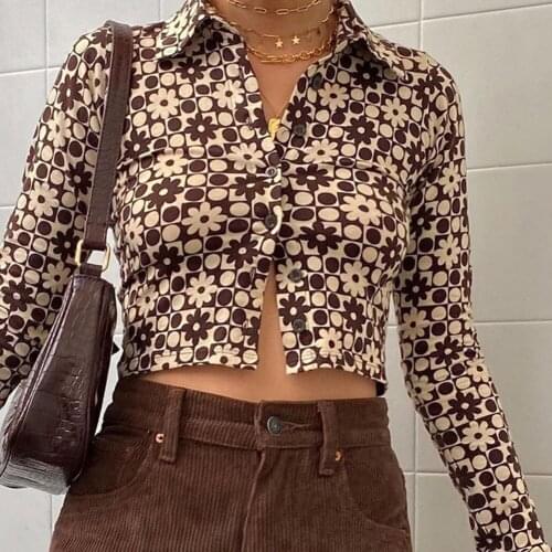 YiYiMiYu Long Sleeve Brown Top y2k Vintage Aesthetics Flower Print Streetwear Button Up Crop Top Collar T Shirt Women 2021