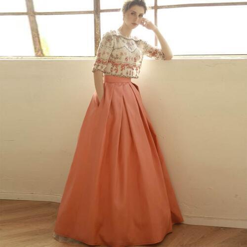 Fashion Satin Long Maxi Skirt High Waist Floor Length Prom Skirts for Women Puffy Pleated Orange Wedding Skirt with Pockets