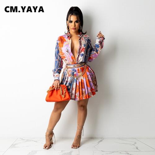 CM.YAYA Women Set Print Full Sleeve Single Breasted Shirts Tops Mini Pleated Skirts Two 2 Piece Sets Female Fashion Outfit Fall