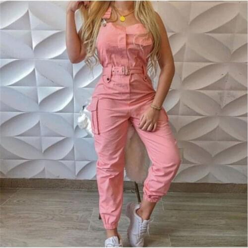 Women Casual Cargo Playsuit Sleeveless O Neck Jumpsuit With Pocket and Belt Elegant Pencil Pants Overalls
