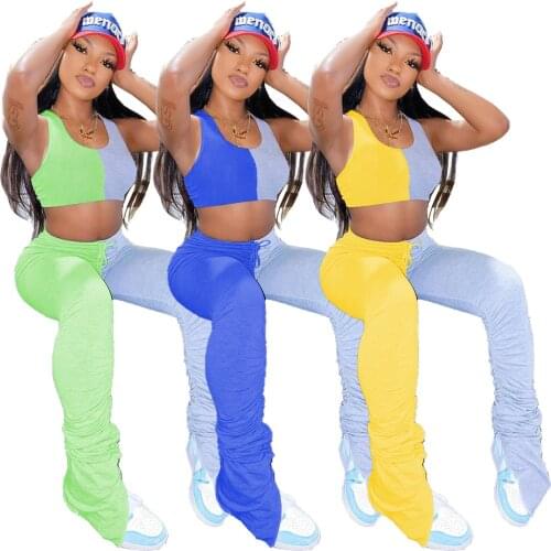 Color Patchwork Summer Sportswear Tracksuits Women Two Piece Set Tank Top+ Bell Bottom Flare Jogger Matching Set Plus Size S-XXL