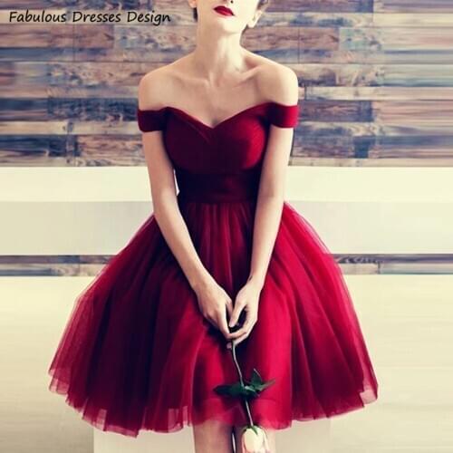 Burgundy Knee Length Bridesmaid Dresses A-line Off Shoulder V-neck Women 2021 Wedding Party Dress Robe De Soiree De Mariage