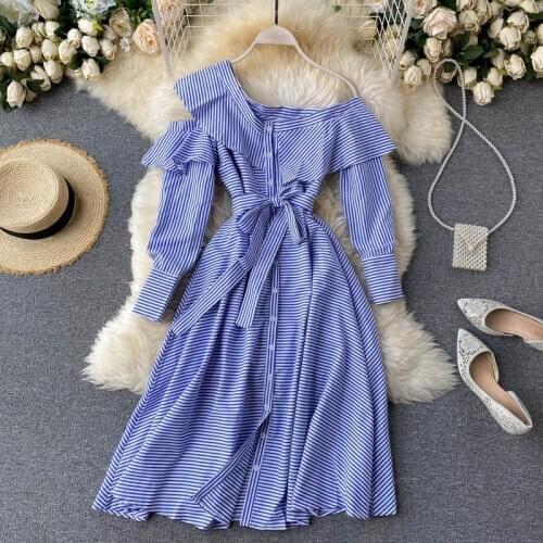 Autumn Women Irregular Ruffle Long Sleeve Retro Striped Dress Lady New Fashion Elegant Harujuku Clothings Vestidos De Mujer N882