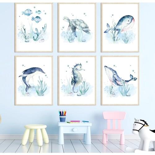 Watercolor Marine Life Whale Dolphin Nursery Nordic Posters And Prints Wall Art Canvas Painting Wall Pictures Child Room Decor