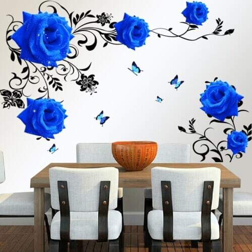 DIY Large Blue Rose Flowers Living Room Decoration Wall Stickers Sofa TV Background Wall Decals Removable Vinyl Posters