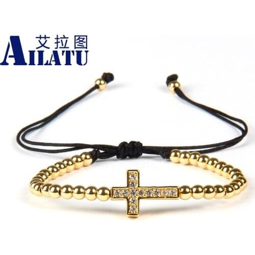 Ailatu Brand Mens Charm Bracelets Micro Pave CZ Balls 4mm Stainless Steel Beads Popular Cross Braiding Bracelets Jewelry
