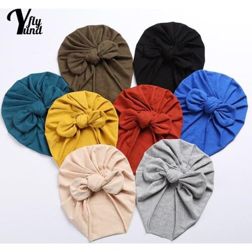 Yundfly Solid Color Handmade Bunny Ears Baby Turban Hat Soft Comfortable Knitted Cotton Newborn Caps Infant Headwear Kids Gift