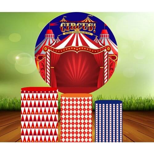 Red Circus Carnival Tent Round Circle Background Baby Shower Girl Birthday Photo Backdrop Kids Party Decor Table Plinth Covers