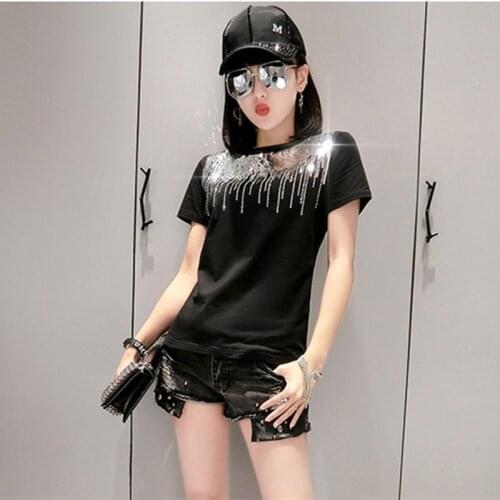 Solid Sequins Diamonds O-Neck Tshirt New Summer Office Lady Cotton Top Clothes Shirt Camiseta Mujer Black White
