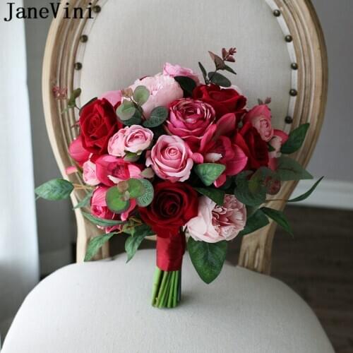 JaneVini Red Rose Bridal Bouquet Artificial Peony Eucalyptus Wedding Flowers Bouquet Vintage Pink Bride Faux Bouquet De Fleur